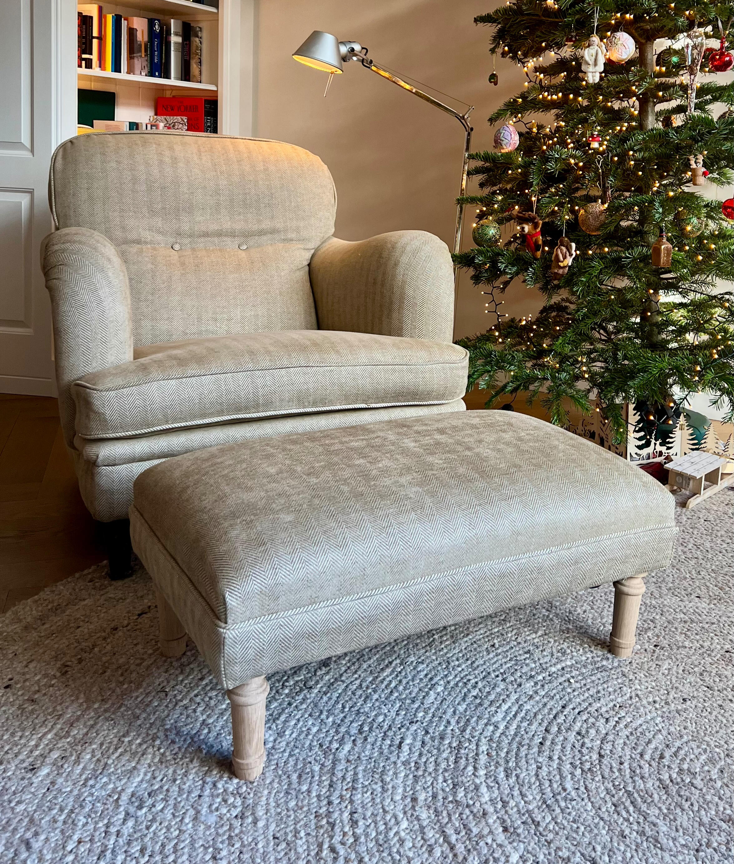 A reupholstered ottoman