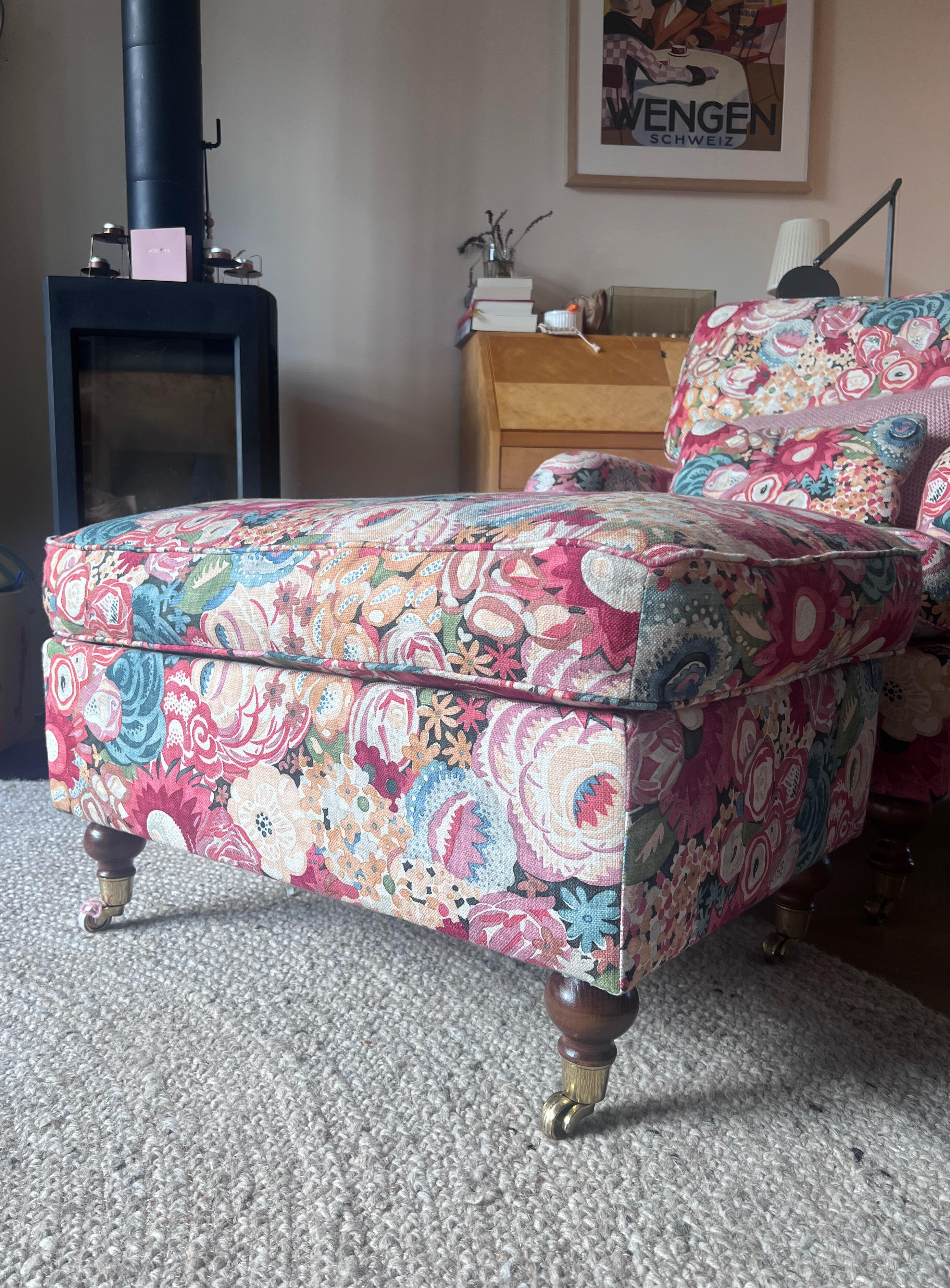 A reupholstered ottoman